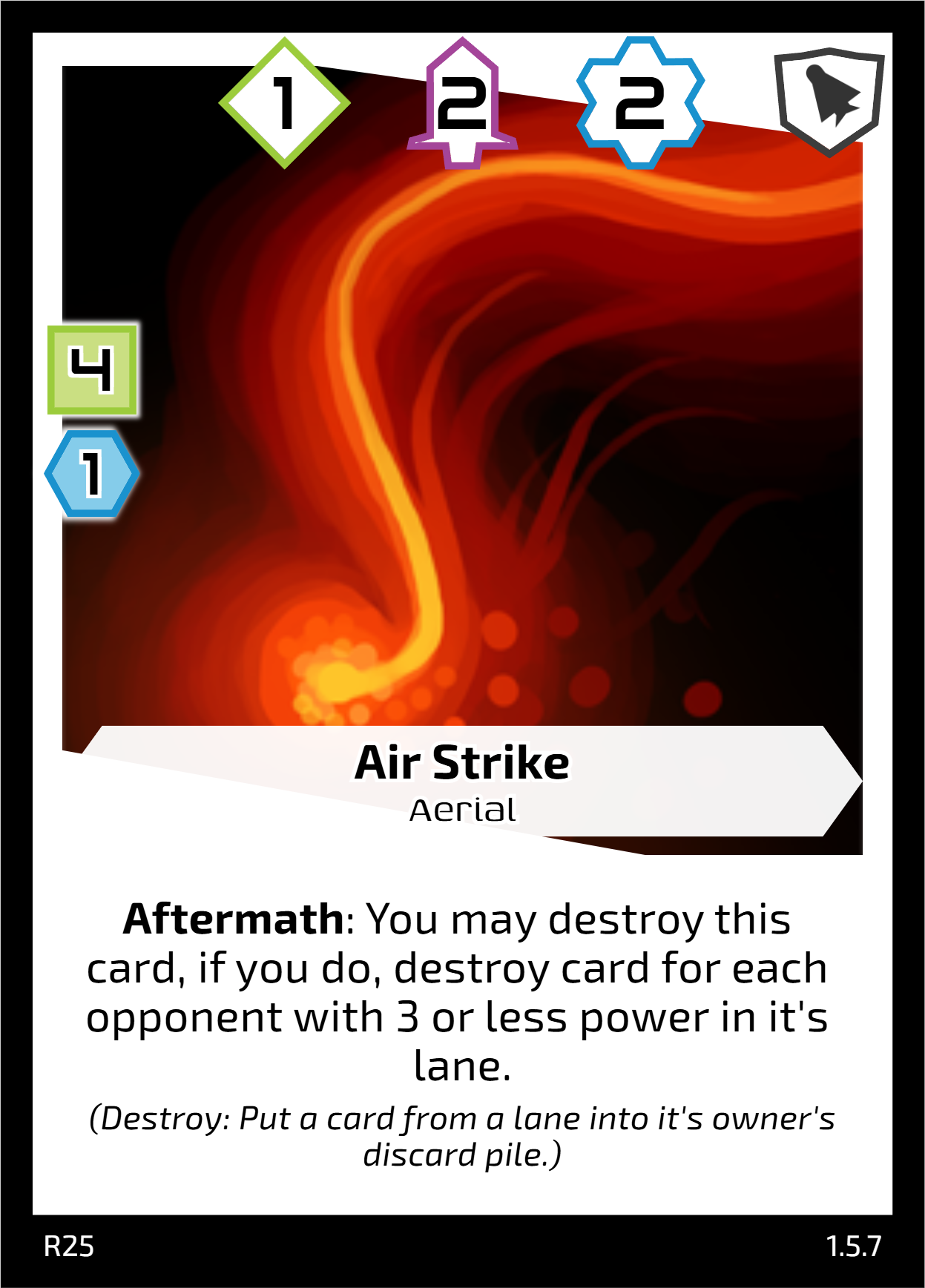 Air Strike - 4 cost, 1 production requirement card with 1/2/2 power. Ability: Aftermath: You may destroy this card, if you do, destroy a card for each opponent with 3 or less power in it's lane.