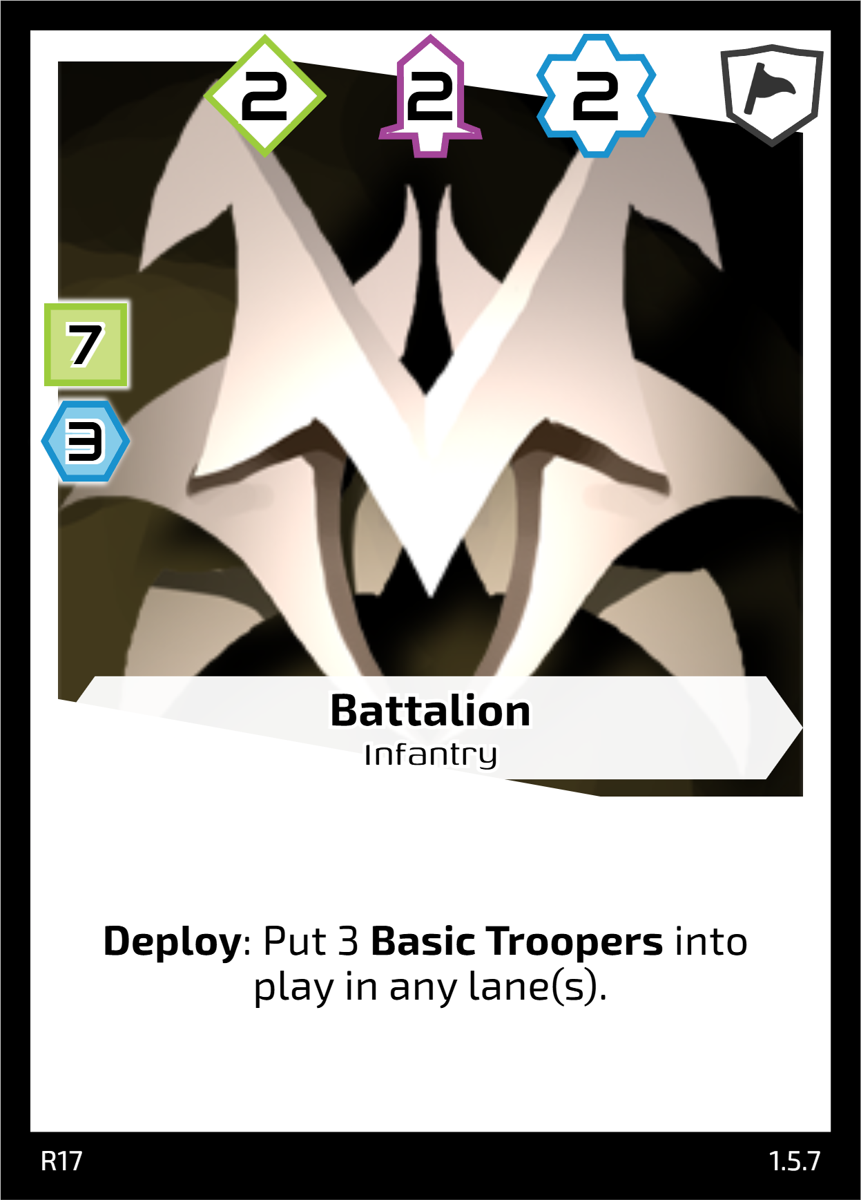 battalion - 7 cost, 3 production requirement card with 2 power in all three lanes. Ability: Deploy: Put 3 Basic Troopers from the deck into play in any lanes.