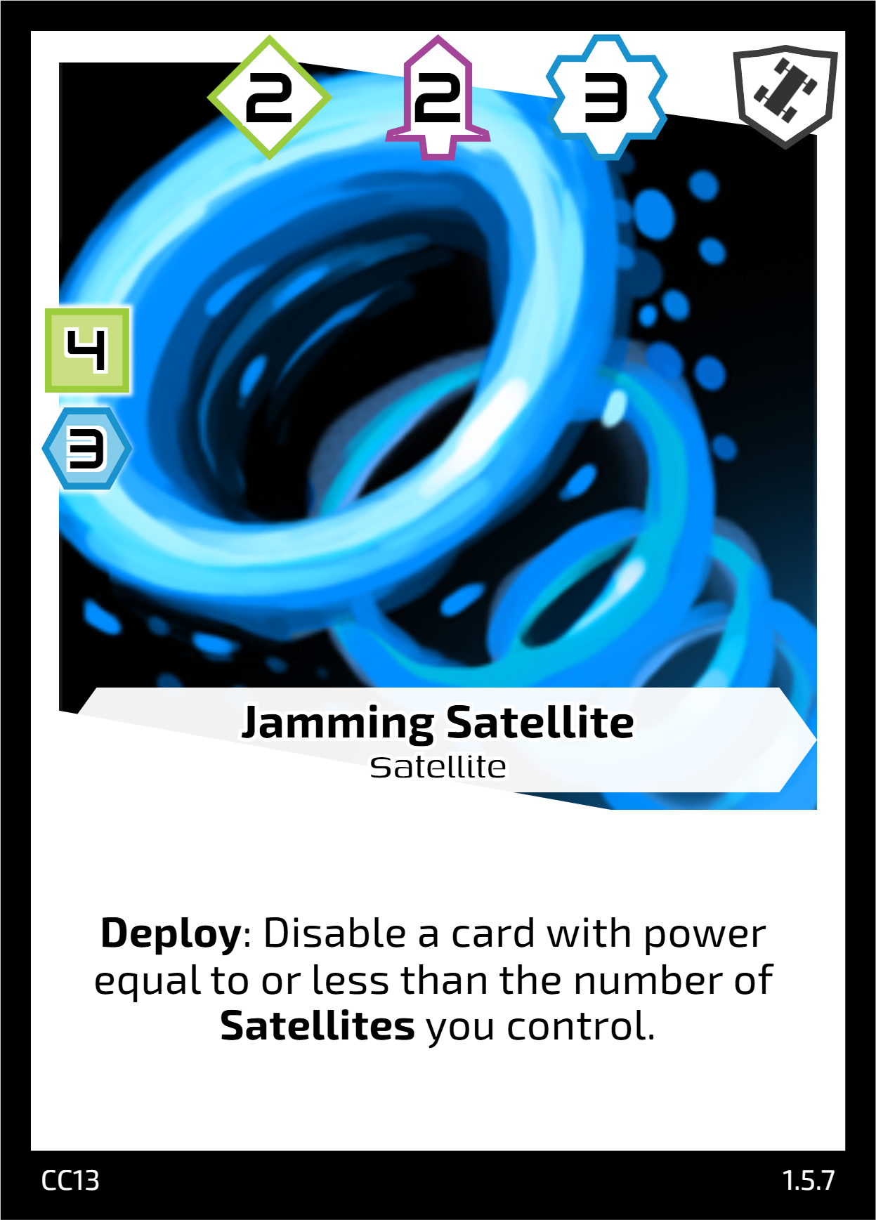Jamming Satellite - 4 cost, 3 production requirement card with 2/2/3 power. Ability: Deploy: Disable a card with power equal to or less than the number of Satellites you control.