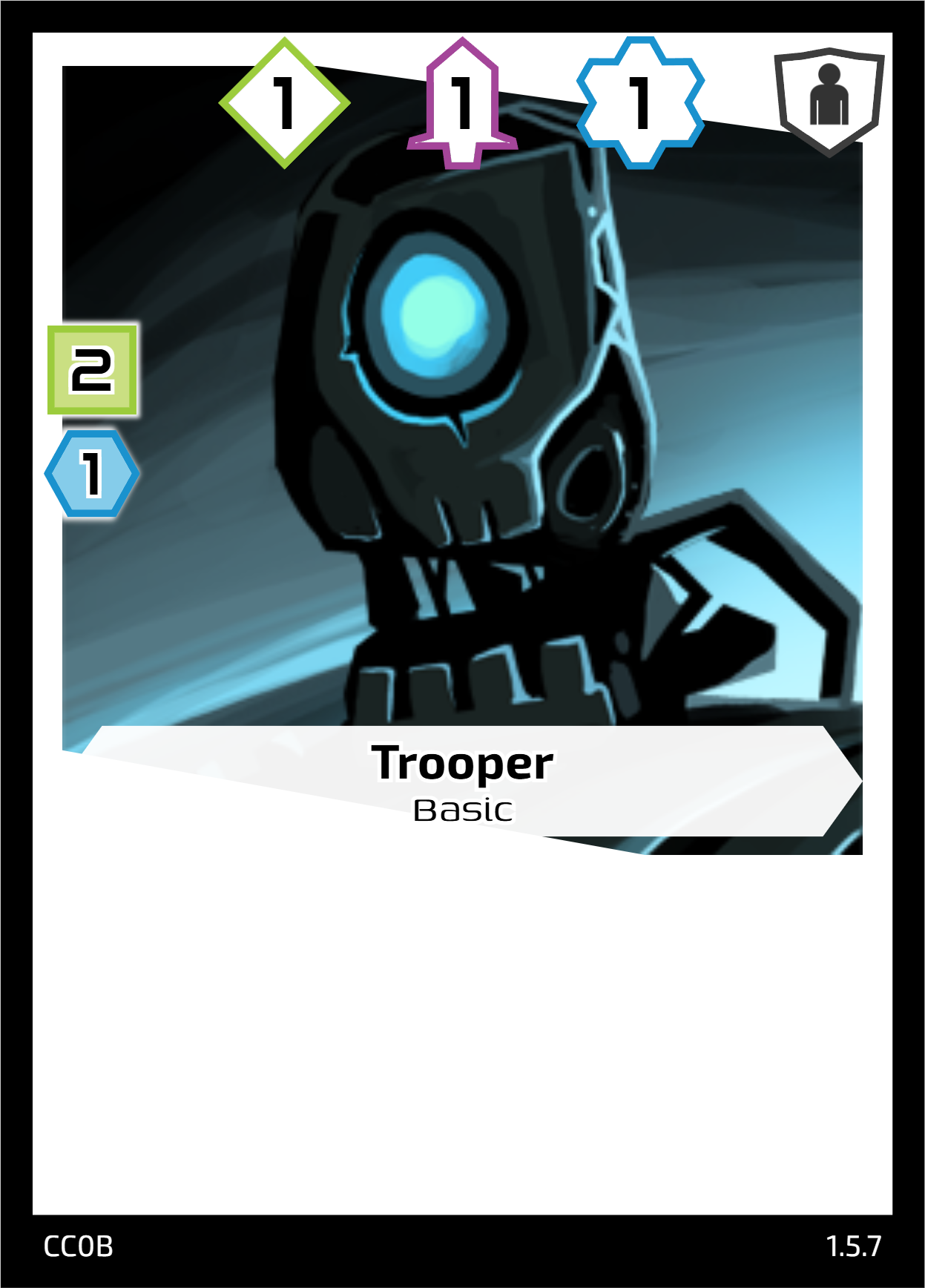 Basic Trooper card example. 2 crystals and 1 production for a 1/1/1 power card.