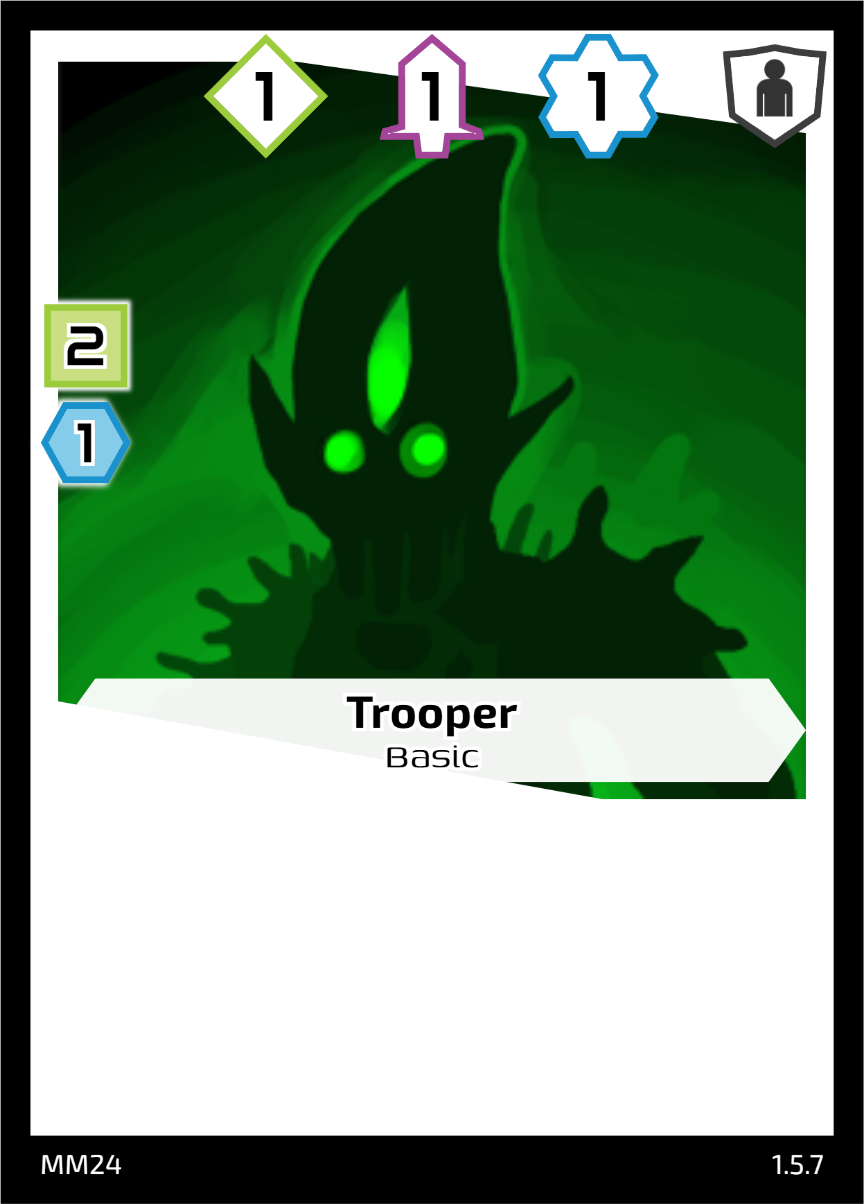 Basic Trooper card example. 2 crystals and 1 production for a 1/1/1 power card.